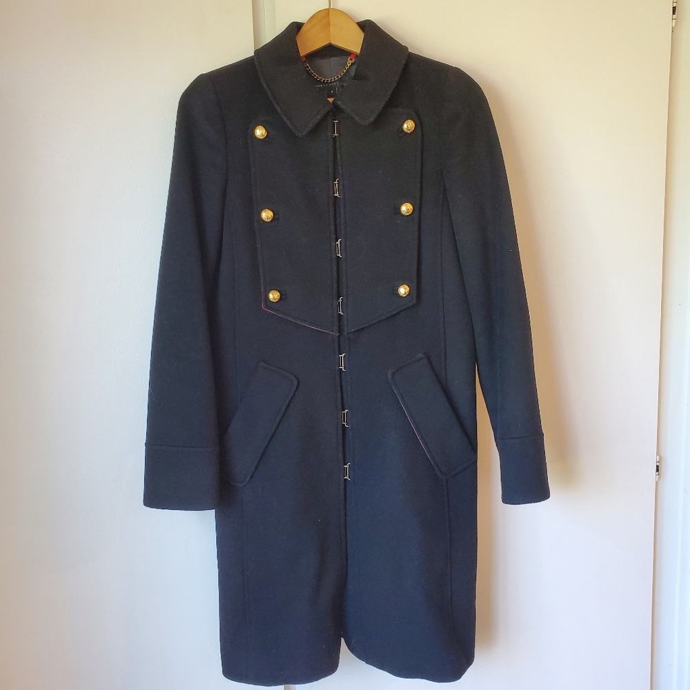 MARC JACOBS 102514 Wool-Blend Military Peacoat Double Breasted Black Coat Size S
